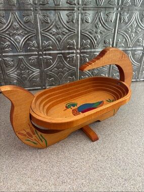 Decorative Wooden Swan Trinket Dish with Painted Duck Accent - Natural Wood
